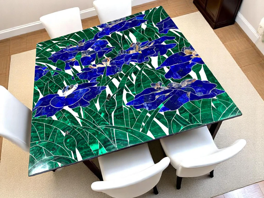 Semi Precious Mosaic Floral Lapis Malachite Patio Table